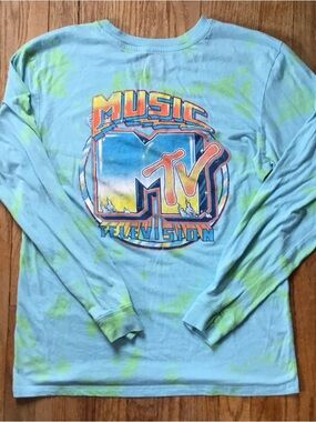 Vintage MTV Tie-Dye Long Sleeve Tee - Light Blue & Lime Green